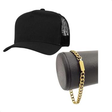 Imagem de Boné Masculino Preto Premium Regulável + Pulseira Banhada 18k De Alta 