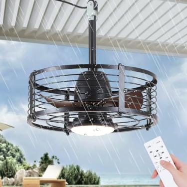 Imagem de Mpayel Ventilador De Teto Com Gaiola De 18" Com Luz Para Ambientes Externos, À Prova D'Água, Luminária De Ventilador Industrial De Baixo Perfil, Preto, Plug-In Com Ventilador De Teto De Gancho Para