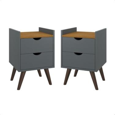 Imagem de Kit 2 Mesa de Cabeceira Criado Pés Antiumidade Corrediças Telescópicas Quarto Decor(Cinza/Freijó)