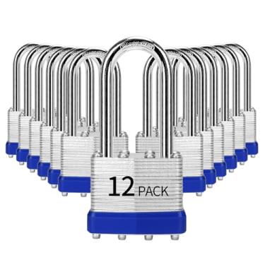 Imagem de HZSY Cadeado com chave de aço laminado (40 mm), fechaduras com chave, embalado com 12, cadeados de manilha longa, aros de plástico azul, para caixa de ferramentas, armário e unidade de armazenamento
