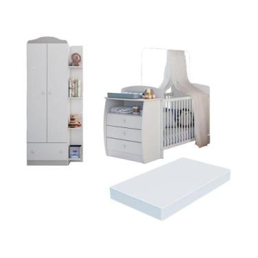 Imagem de Berço Cômoda com Colchão Incluso e Guarda-Roupa 2 Portas 1 Gaveta Mult