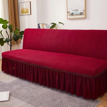 Imagem de Capa de futon sem braços com saia de babados, capa de sofá-cama futon altamente elástica, capa de sofá antiderrapante sem braços, tecido de veludo grosso, macio e aconchegante(Red,Medium (160-190cm))
