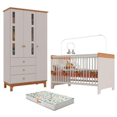 Imagem de Berço Mini Cama Pega Pega e Guarda Roupa Antonella 3 Portas Off White Caramelo com Colchão Gazin - Canaã