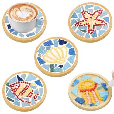 Imagem de ASTNIC 4 conjuntos de mosaicos DIY para artesanato, kits de mosaico DIY de cores mistas com porta-copos de bambu, tema oceano, kit de vitrais para adultos, mulheres, bebidas, casa, meninas, presentes