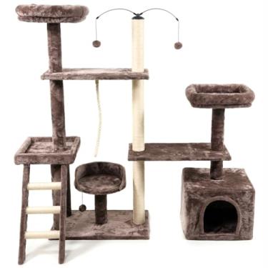 Imagem de Arranhador de gato grande, luxuoso, ajustável, multifuncional com casa, camas, poleiros, escada e brinquedo giratório