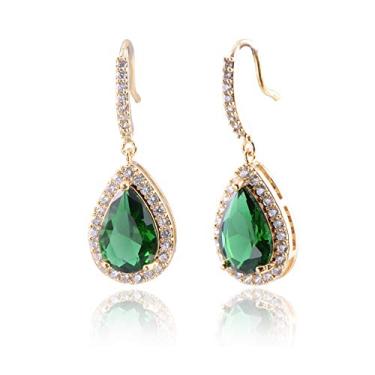 Imagem de Brincos de noiva verdes dourados para casamento - Brincos femininos de prata esterlina com gota de zircônia cúbica de cristal CZ para noivas, damas de honra, mãe da noiva, brinco de anzol para festa