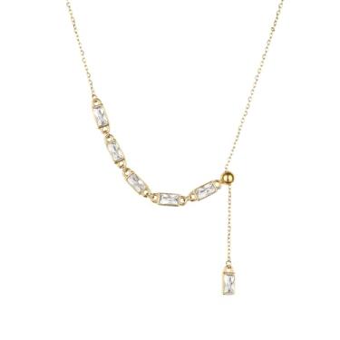 Imagem de TaYolnFaSo Colar em forma de Y em formato de esmeralda banhado a ouro 18 K com zircônia cúbica Y Lariat, joia de corte esmeralda, presente exclusivo para mulheres, Banhado a ouro, Zircônia cúbica