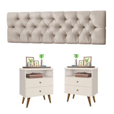 Imagem de Conjunto Cabeceira Painel Paris 1,40 Capitone com Mesas de Cabeceira Status 2 Gavetas Off White - Rede Móveis