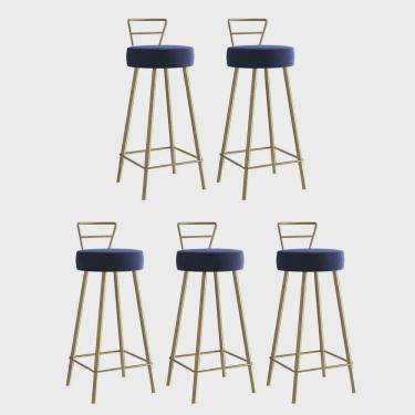 Imagem de Kit 05 Banqueta Alta Com Encosto Tina Eiffel Cozinha Bar Bistrô Ferro Dourado Corino Azul Marinho - Ahz Móveis