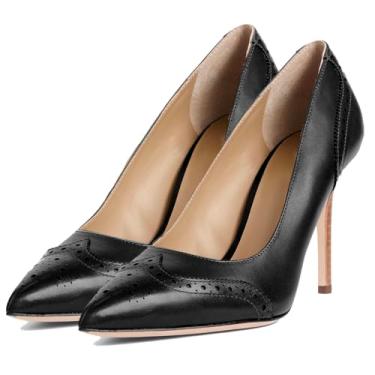 Imagem de SHODENSE Salto alto feminino bico fino salto agulha Oxford, sem cadarço, dois tons, perfurado, 10 cm, salto alto, bico fechado, salto alto, salto alto, vintage, retrô, sexy, 4-11 M EUA, Preto, 37