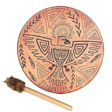 Imagem de Tambor Xamânico feito à mão de 25 cm com bastão de bateria árvore da vida, ferramenta de cura de som para música espiritual, meditação de reflexão (pássaro)