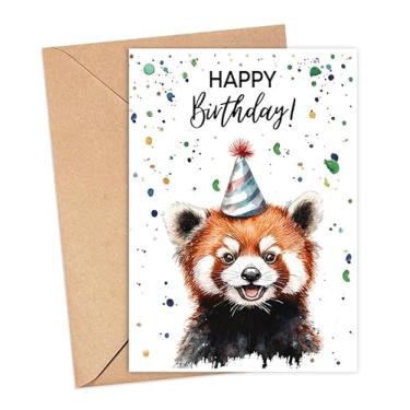 Imagem de Cartão de aniversário de panda vermelho com chapéu de festa - cartão de feliz aniversário - presente de panda vermelho - nascimento animal safári zoológico - cartões de felicitações de zoológico