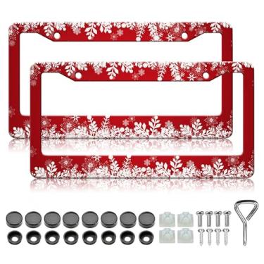 Imagem de Moldura de placa de carro de floco de neve - 2 peças bonito Natal gelo azul floco de neve suporte de placa de licença de aço inoxidável à prova de ferrugem decoração com tampas de parafusos para
