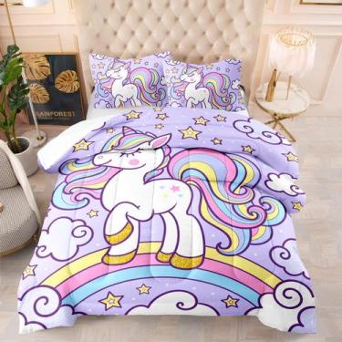 Imagem de Conjunto de roupa de cama Axolotl Rainbow Unicorn Twin com edredão e 2