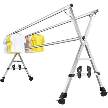 Imagem de Escorredor De Roupas Ao Ar Livre Dobrável Ajustável Escorredor De Roupas Lavanderia Rack De Roupas De Aço Inoxidável Com 4 Rodas Universais Escorredor De Lavagem (tamanho: 200cm)
