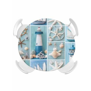 Imagem de Toalha de mesa náutica redonda ajustada com bordas elásticas, concha de farol, patchwork, grão de madeira azul, à prova d'água, à prova de óleo, para jantar, piquenique ao ar livre, festa de casamento