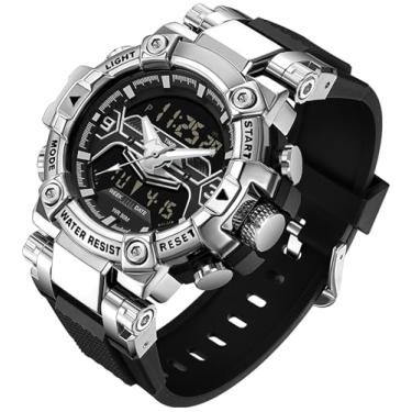 Imagem de findtime Relógios digitais masculinos esportivos táticos 5ATM à prova d'água relógio digital grande com luz de fundo LED relógio de pulso cronômetro alarme tático relógio eletrônico, Prata, esporte