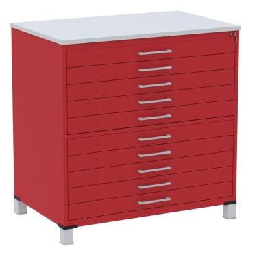 Imagem de Mapoteca 10 Gavetas Pandin 120 Cm (larg) Inmetro Tampo Mdp Cinza Estrutura E Gavetas Em Aço Vermelho