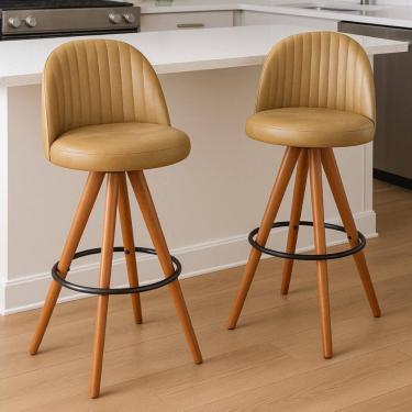 Imagem de Kit 2 Banquetas Giratória com Assento Estofado e Base em Madeira Castanho – Lara Exclusiva