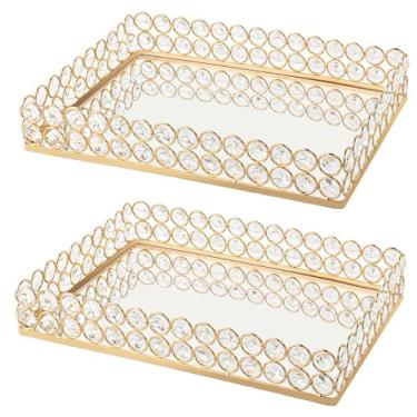 Imagem de Bandeja espelhada de cristal de metal – Bandeja de mesa de centro de mesa de 28,4 x 20,6 cm, exibição multifuncional para flores/cupcakes/joias, organizador de vaidade e enfeite de mesa de sobremesa