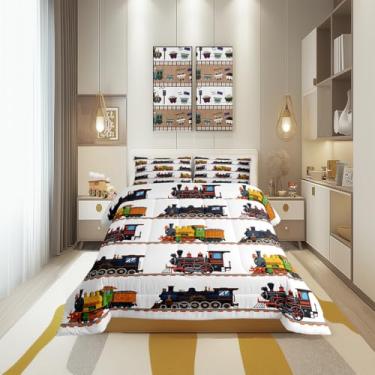 Imagem de Conjunto de edredom solteiro com desenho animado de trem a vapor, reversível para meninos e adolescentes, veículo fofo, 2 peças, enchimento de edredom com trilha de trem juvenil, 1 fronha