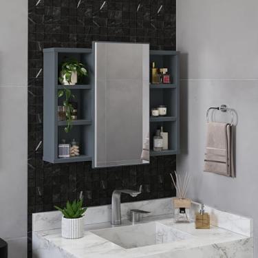 Imagem de Espelheira Para Banheiro Com Nichos Armário Aéreo Com Espelho Organizador (Cinza)