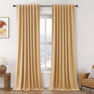 Imagem de Cortinas de janela de camelo totalmente pretas com painéis de 260 cm de comprimento, conjunto de 2 painéis para sala de estar, cortina blackout longa texturizada de algodão com suporte cortinas com