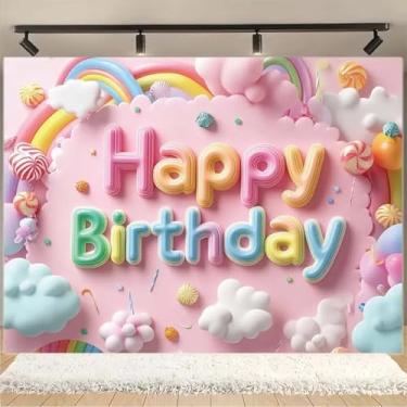 Imagem de Fundo de fotografia rosa feliz aniversário pirulito nuvens céu rosa menina princesa 1º aniversário festa pano de fundo nuvens arco-íris e pirulito aniversário banner estúdio fotográfico vinil (1,5 x