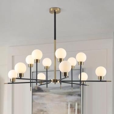 Imagem de OFLNLL Lustre Sputnik De Vidro Com 12 Lâmpadas, Preto E Dourado, Luminária Moderna Embutida Globo Branco Para Sala Jantar, Cozinha Estilo Fazenda, Estar Quarto