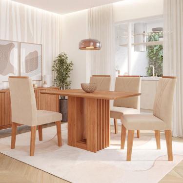 Imagem de Conjunto de Mesa Retangular com Tampo de MDF Cinamomo Ariela e 4 Cadeiras Nicole Suede Bege