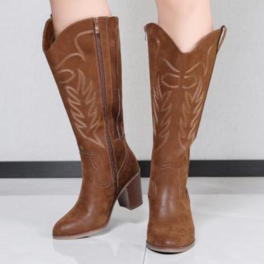 Imagem de Luoika Botas femininas extra largas na altura do joelho caubói de cano alto, largura larga, salto alto, plus size, Tan 701, 9 X-Wide