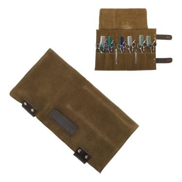 Imagem de VOCOSTE Bolsa de tesouras de barbeiro, bolsa de ferramentas durável e dobrável para salões de beleza com vários bolsos, tesouras de cabelo para cabeleireiros, cor café