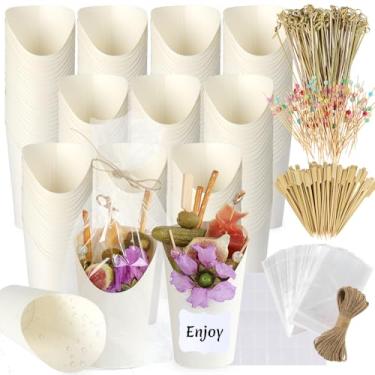 Imagem de Woixiow 100 copos de charcutaria de 340 g brancos, 300 espetos + 100 sacos + 100 etiquetas, copos de charcutaria de papel com palitos e sacos, copo descartável de aperitivos, suporte de batatas fritas