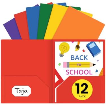 Imagem de Pastas de plástico com bolsos (pacote com 12, cores brilhantes sortidas), 2 pastas de bolso com compartimento para cartão de visita, pastas resistentes que servem para documentos tamanho carta