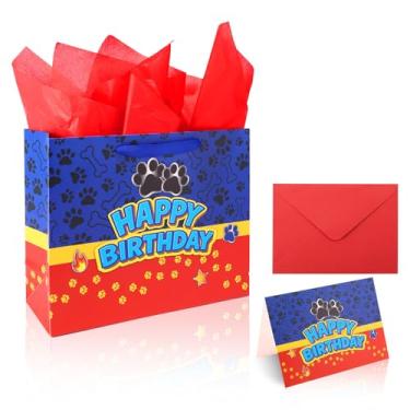 Imagem de Sacolas Presente Aniversário com Pata Cachorro, 32x26cm Sacolas Guloseimas Tema Cachorro com Papel de Seda Envelope e Cartão Comemorativo Adequadas para Aniversários Natal e Festas Fim de Ano