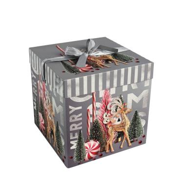 Imagem de Caixa Embalagem Monta Fácil Decor Natal Panetone e Presentes Com Laço 22x22cm - Magizi