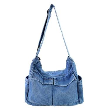 Imagem de AdiStylinno Bolsa de ombro jeans para mulheres, bolsa tiracolo Hobo de lona de grande capacidade com alça ajustável, Azul claro, 34 x 31.5 x 14 cm / 13.5 x 12.4 x 5.5 in