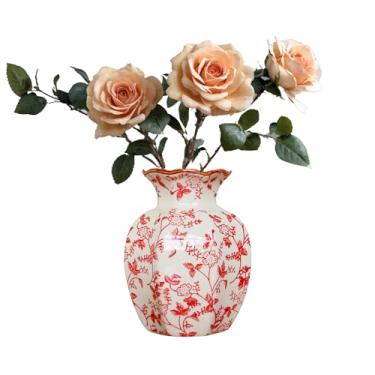 Imagem de Vaso de cerâmica vermelho e branco para flores, vaso de flores chinoiserie de 14 cm para decoração de casa, decoração, casa de fazenda, mesa de centro, estante de livros e vida doméstica