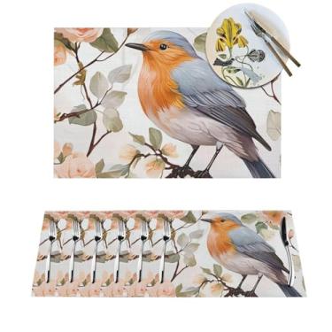Imagem de Conjunto de 6 peças de jogo americano de pássaro Robin com estampa floral, resistente ao calor, antiderrapante, lavável, cozinha, mesa de jantar, para decoração de festas de fim de ano em ambientes