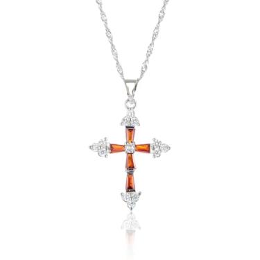 Imagem de RIZILIA Pingente de cruz com corrente de 45,7 cm e corte redondo trapézio CZ [multicolorido] banhado a ouro branco, simples, moderno e elegante, Medium, Zircônia cúbica