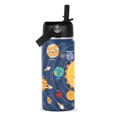 Imagem de ROVOZAR Garrafa de água Space Planet – Garrafa de água espacial de aço inoxidável de 473 ml com canudo – Copo com isolamento planeta engraçado para meninos – Copo infantil com sistema solar para