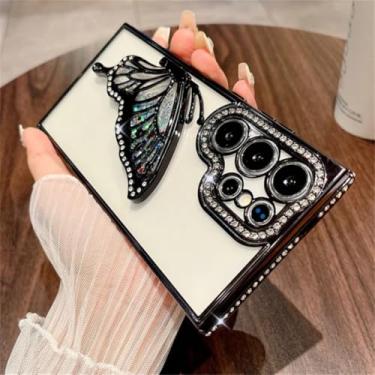 Imagem de Capa para Samsung S24Ultra com revestimento em glitter, borboleta, areia movediça, strass, transparente (para Samsung S24Ultra/preto)