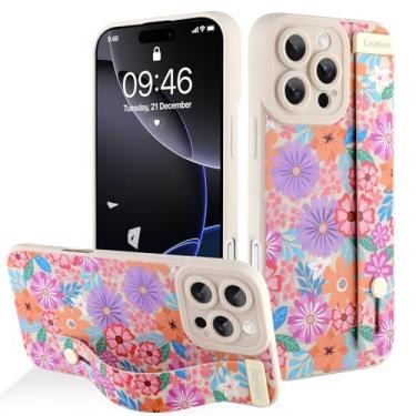 Imagem de AIGOMARA Capa para iPhone 16 Pro Max com alça para mulheres e meninas, linda estampa de flores florais coloridas, capa protetora de silicone com suporte de faixa macia, branca