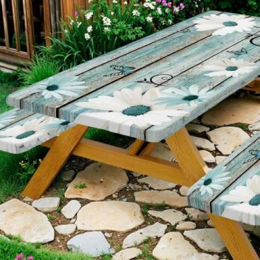 Imagem de VeiVian Toalha de mesa de piquenique rústica margarida com capas de banco, impermeável fazenda vintage floral em tábua de madeira azul-petróleo girassóis para acampamento, decoração de festa ao ar