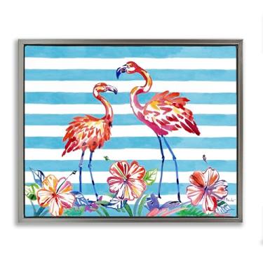 Imagem de Stupell Industries Arte de parede em tela flutuante cinza escovado flamingos e hibisco por Paul Brent, 43 x 53 cm
