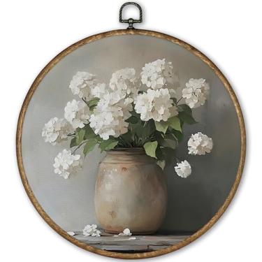 Imagem de TLESKE Arte de parede redonda de flores de hortênsia branca vintage emoldurada 25 x 25 cm, arte de parede em tela floral de primavera, arte de parede, flor rústica, decoração de porta de quarto para