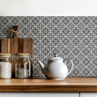 Imagem de Decalques de azulejo marroquino de 30 unidades de 10 cm – Adesivos autoadesivos de parede de vinil, à prova d'água para cozinha Backsplash, banheiro, piso de escada, bronzeado neutro/preto (cinza)