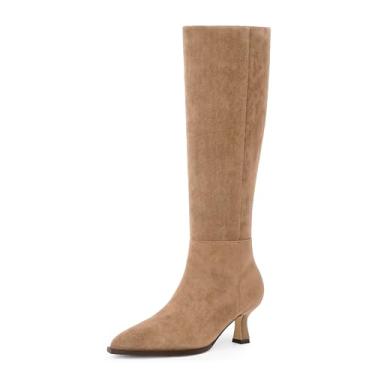 Imagem de Modatope Botas cano alto gatinho salto baixo couro sintético bico fino zíper lateral outono botas longas altas para mulheres, Camurça bege, 35