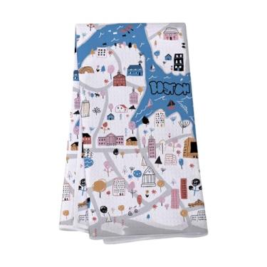 Imagem de VAMSII Boston Trip Lembranças Presentes Boston Map Landmarks Toalha de Cozinha Boston Presente de Lua de Mel (USBostonMapTowel)