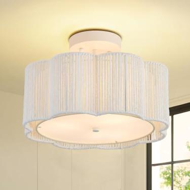 Imagem de ALAISLYC Luzes de teto de montagem embutida em vime de 33 cm 3 luzes Boho Farmhouse luminárias de teto em vime para sala de jantar, cozinha, quarto, hall de entrada, entrada